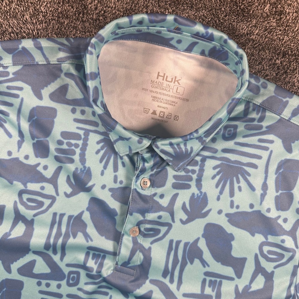 Huk Polo Shirt Mens Large Blue Graphic Fish Print Short Sleeve Performance Tee
